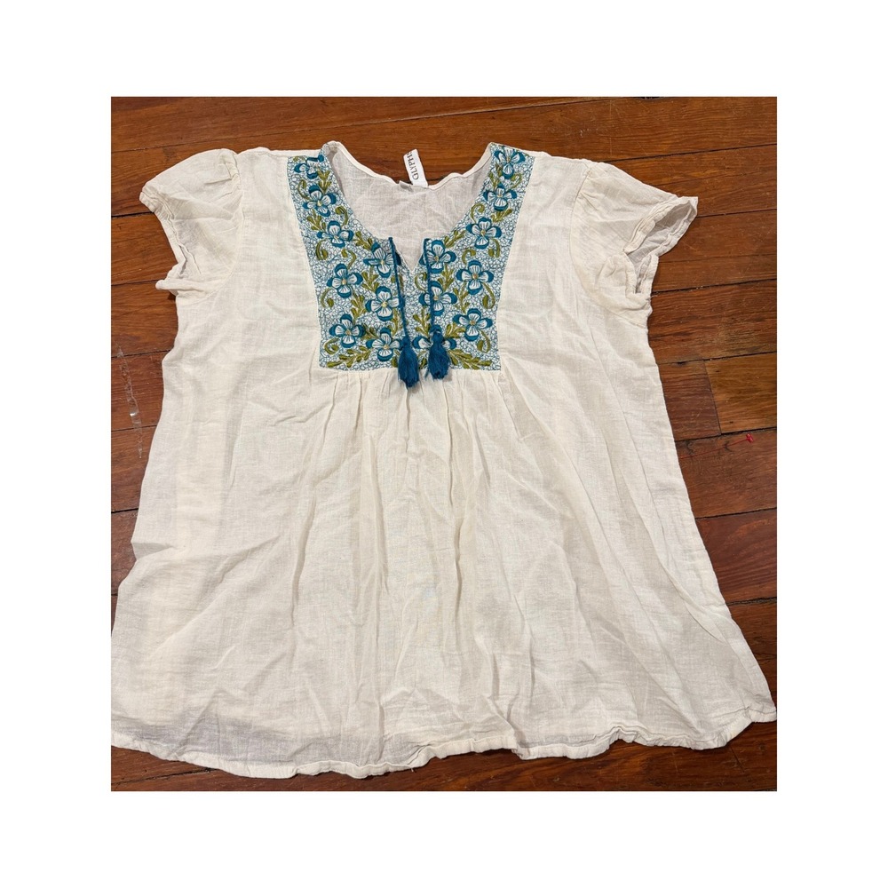 Glyphs Womens Embroidered Boho Peasant Top Cream Blue Floral Tassel Blouse Large